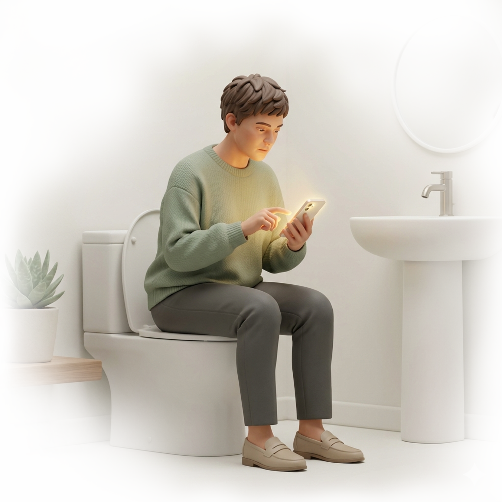 A person on a toilet glued to their glowing phone