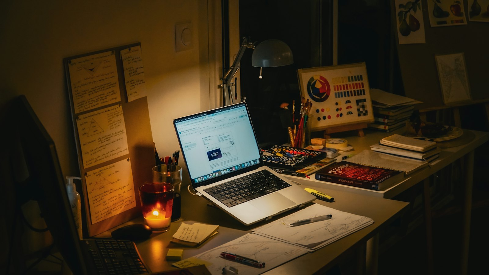 Desk with laptop, books, and a lit candle